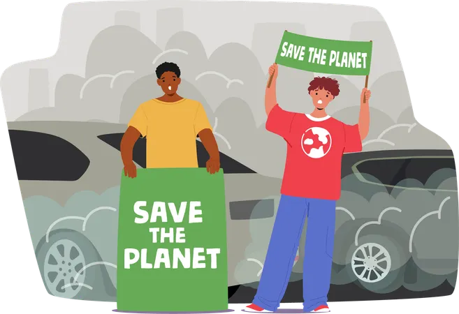 La génération Z se bat pour sauver la planète, debout dans la rue dans la fumée de sa voiture  Illustration