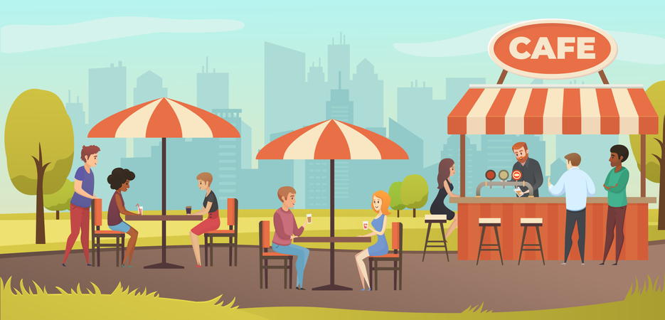 La gente bebe café en la cafetería al aire libre en la terraza del restaurante  Ilustración