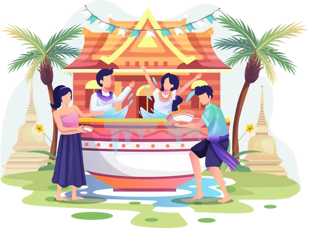 La Gente Celebra El Festival Songkran De Tailandia El Tradicional Dia De Ano Nuevo Salpicando Agua De Tazones Ilustracion Vectorial Plana Ilustración