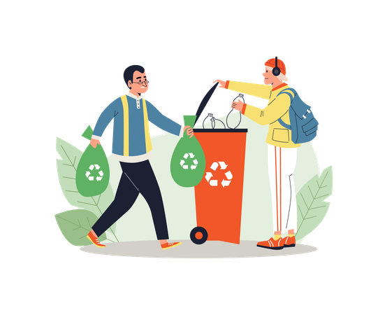 La gente coloca la basura clasificada en el contenedor de reciclaje.  Ilustración