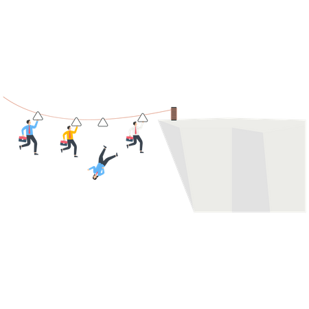 Los empresarios usan cuerdas para deslizarse a otra montaña y corren el riesgo de caerse del acantilado mientras se deslizan  Ilustración
