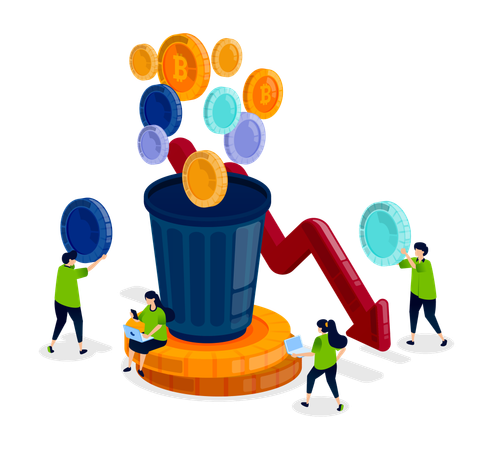La gente desecha criptomonedas fallidas o de bajo valor.  Ilustración