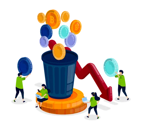 La gente desecha criptomonedas fallidas o de bajo valor.  Ilustración