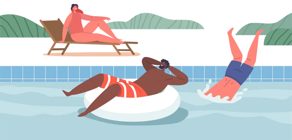 La gente disfruta nadando y relajándose en la piscina  Ilustración