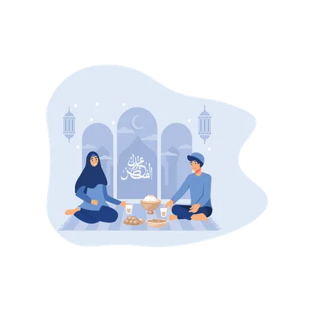 La gente disfruta de la comida de Eid.  Ilustración