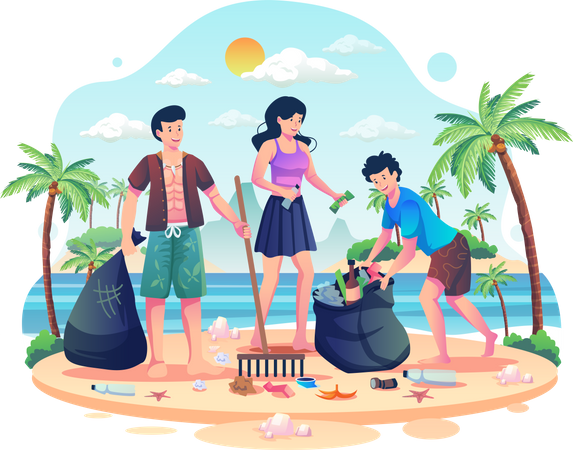 La gente está limpiando basura en la playa.  Ilustración