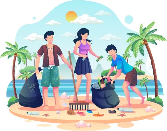 La gente está limpiando basura en la playa.  Ilustración