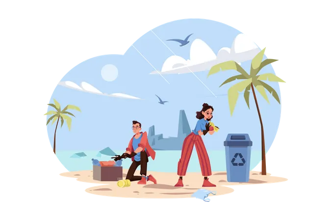 La gente está limpiando basura en la playa.  Ilustración