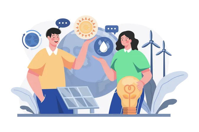 La gente está protegiendo la naturaleza mediante el uso de energía ecológica.  Ilustración