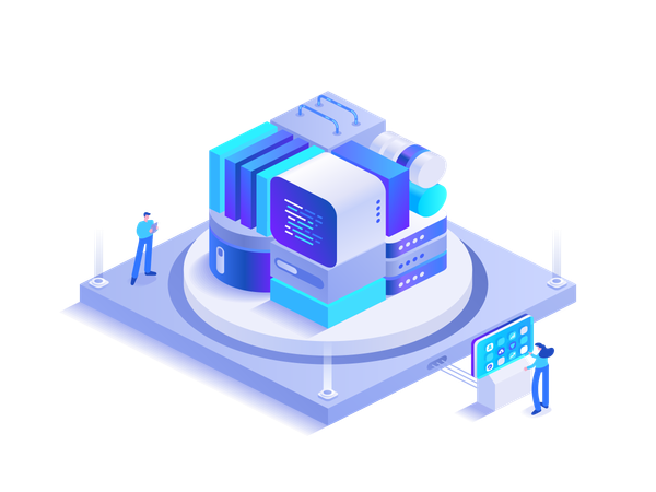 La gente está trabajando en conjunto en el desarrollo del proyecto blockchain  Ilustración