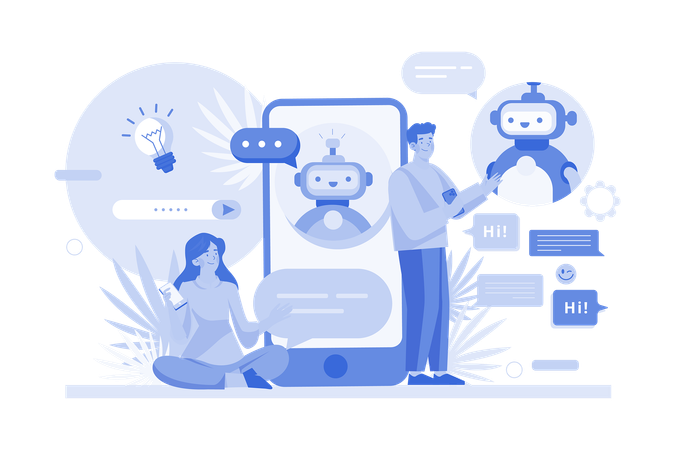 La gente habla con robots chatbot en una aplicación para teléfonos inteligentes  Ilustración