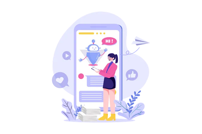 La gente habla con robots chatbot en una aplicación para teléfonos inteligentes  Ilustración