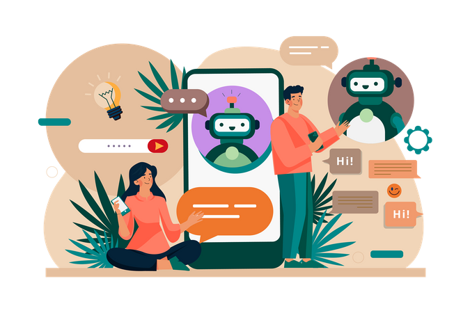 La gente habla con robots chatbot en una aplicación para teléfonos inteligentes  Ilustración