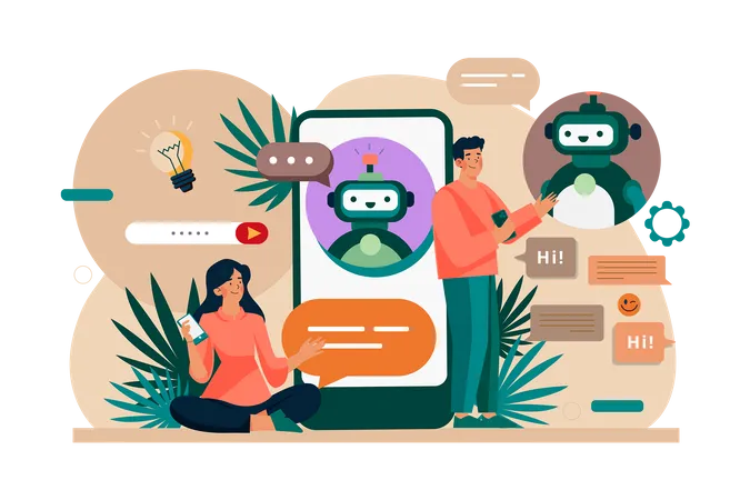 La gente habla con robots chatbot en una aplicación para teléfonos inteligentes  Ilustración