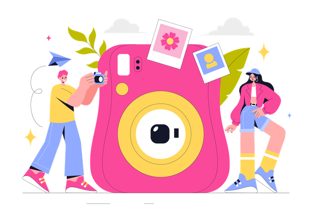 La gente hace clic en fotografías con la cámara  Ilustración