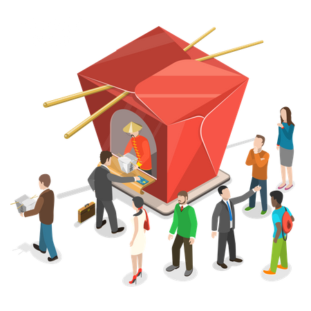 La gente hace cola para comprar comida china en el restaurante chino que se muestra como una caja de cartón para platos chinos  Ilustración