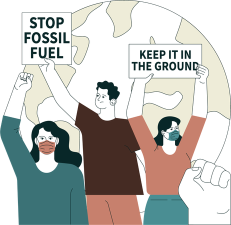 La gente protesta por ahorrar combustibles fósiles  Ilustración