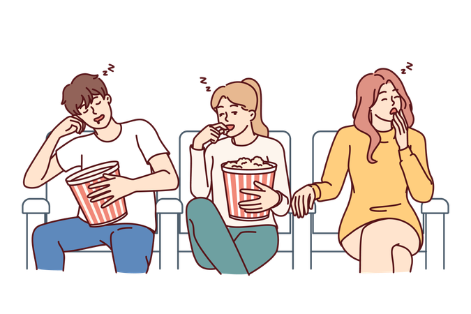 La gente se aburre mientras ve una película.  Ilustración