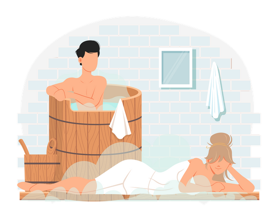 La gente se comunica y descansa en la sauna. Hombre sentado en una pila de madera con agua caliente  Ilustración
