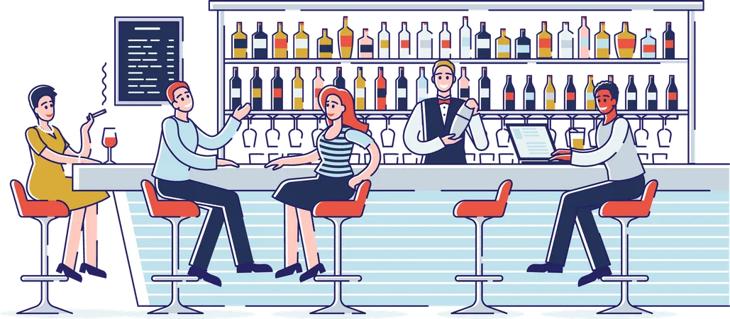 La gente se divierte comunicándose en la barra de un bar  Ilustración