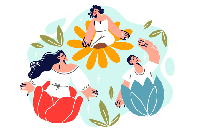 La gente siente felicidad y armonía al sentarse en capullos de flores.  Ilustración