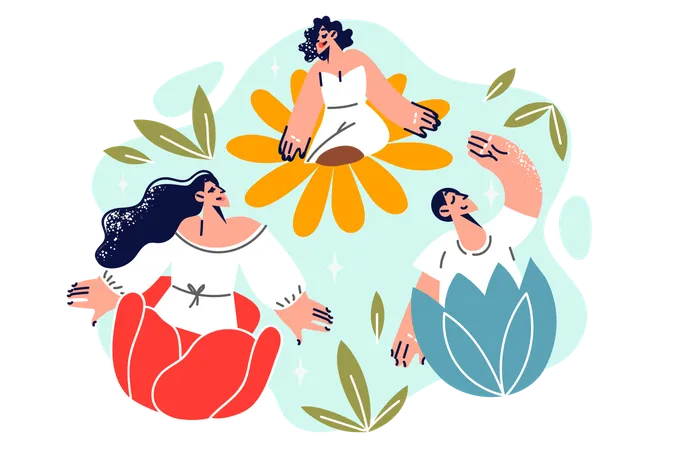 La gente siente felicidad y armonía al sentarse en capullos de flores.  Ilustración