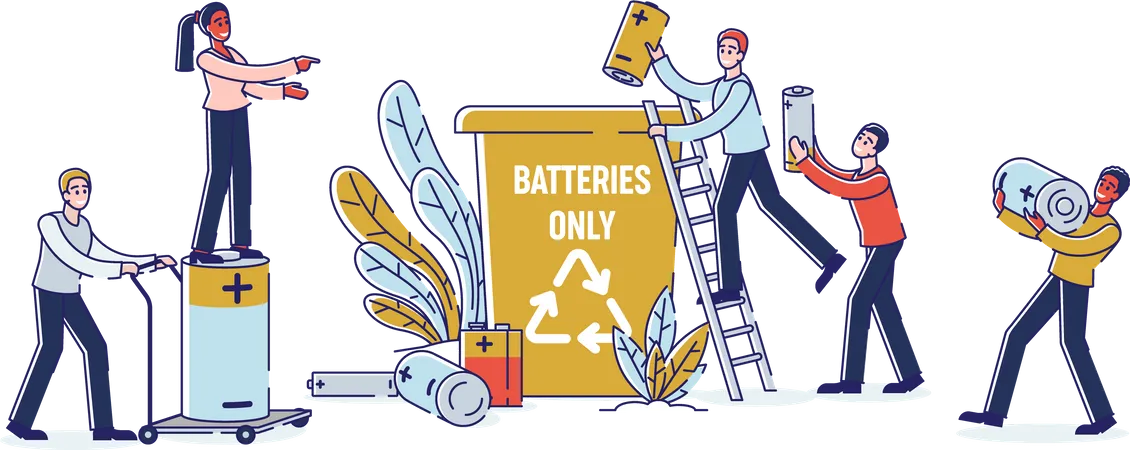 Concepto De Reciclaje De Baterias Usadas Personas Pequenas Practican La Clasificacion De Residuos Arrojan Baterias Usadas Al Contenedor De Basura Las Personas Participan En El Entorno De Limpieza Ilustracion De Vector Plano De Contorno Lineal De Dibujos Animados Ilustración