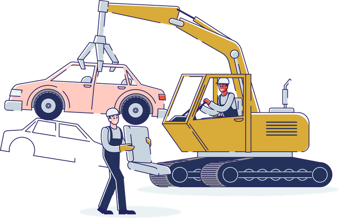 La gente trabaja en el depósito de chatarra y el hombre operando una máquina de elevación industrial  Illustration