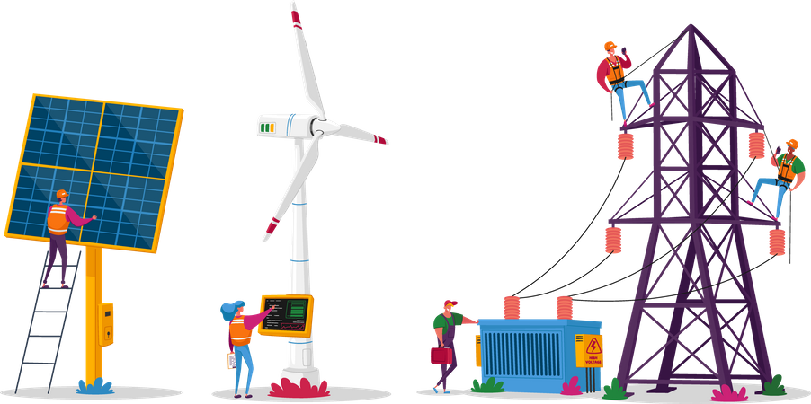 La gente usa energía sostenible  Ilustración
