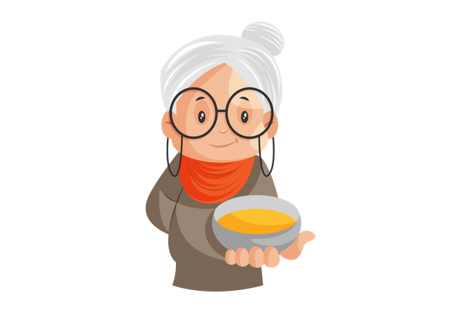 La grand-mère imdienne tient un bol de beurre à la main  Illustration