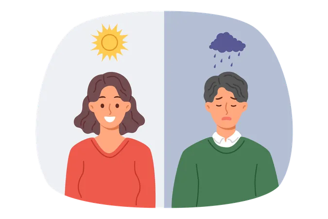 La influencia del clima en el estado de ánimo provoca alegría en la mujer cuando hace sol o tristeza en el hombre cuando llueve.  Ilustración