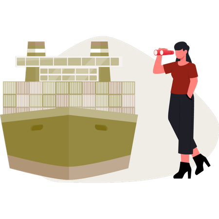 La jeune femme regarde le bateau de transport  Illustration