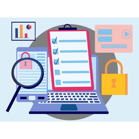 La liste de contrôle pour la protection du compte s'affiche sur l'ordinateur portable  Illustration
