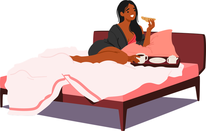 La radiante luz de la mañana besa el rostro de una mujer negra mientras disfruta de un suntuoso desayuno en la cama  Ilustración