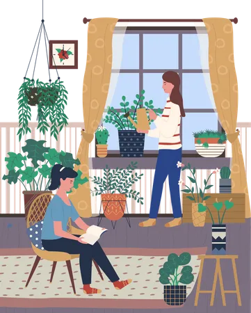 La madre está regando las plantas y la niña está leyendo un libro.  Ilustración