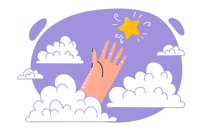 La mano intenta alcanzar la estrella ubicada en el cielo entre las nubes  Ilustración