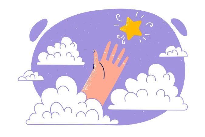 La mano intenta alcanzar la estrella ubicada en el cielo entre las nubes  Ilustración