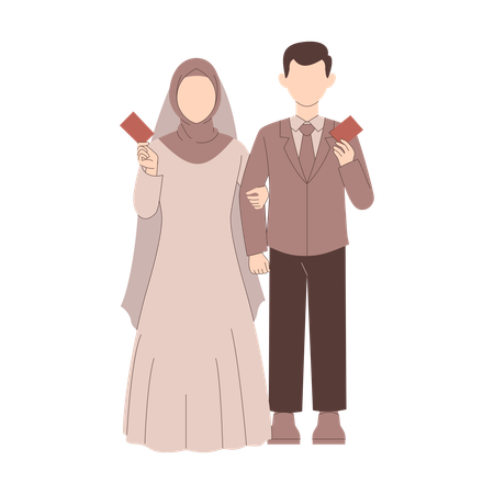 Une mariée musulmane montre son certificat de mariage  Illustration