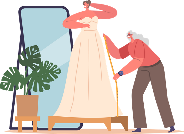 La mariée se tient devant le miroir et mesure la robe de mariée sur mesure  Illustration