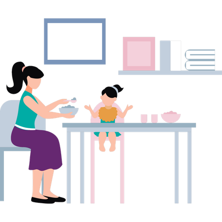 La mère donne de la nourriture à son bébé  Illustration