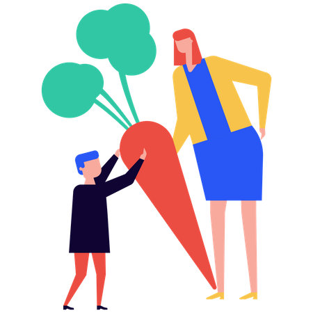 La mère donne de la nourriture saine à son fils  Illustration