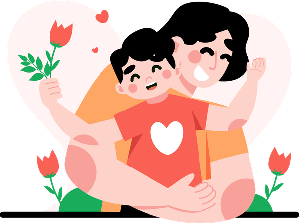 La mère embrasse joyeusement son enfant  Illustration