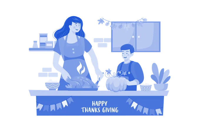 Mère et fils préparent à manger pour Thanksgiving  Illustration