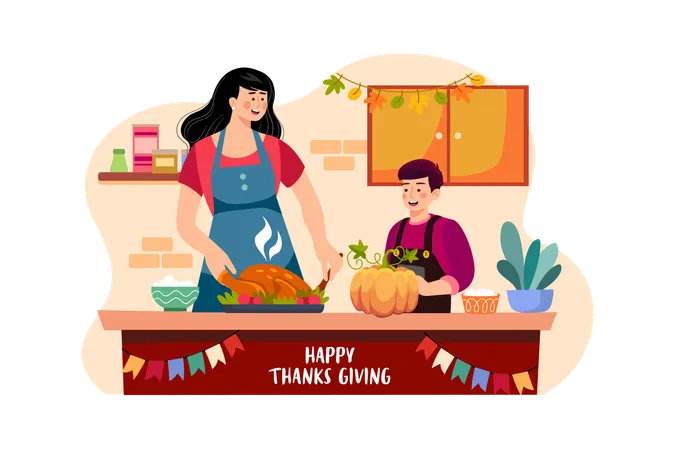 Mère et fils préparent à manger pour Thanksgiving  Illustration