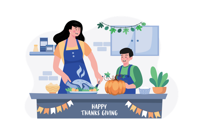 Mère et fils préparent à manger pour Thanksgiving  Illustration