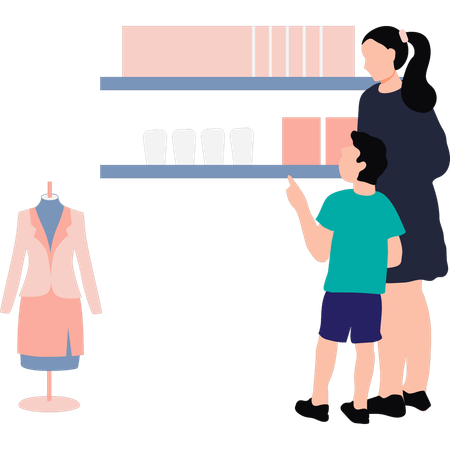 La mère et l'enfant font leurs courses dans un magasin de vêtements  Illustration