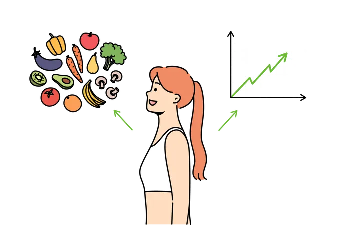 La mujer que cambió a una dieta equilibrada siente una inmunidad mejorada y se encuentra cerca de las verduras y aumenta el gráfico.  Ilustración