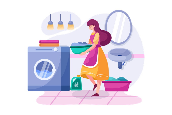 La mujer de la limpieza llevando ropa a la lavadora.  Ilustración