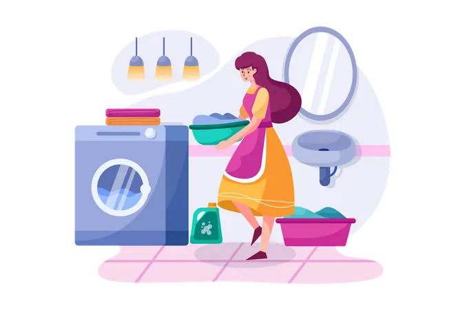 La mujer de la limpieza llevando ropa a la lavadora.  Ilustración
