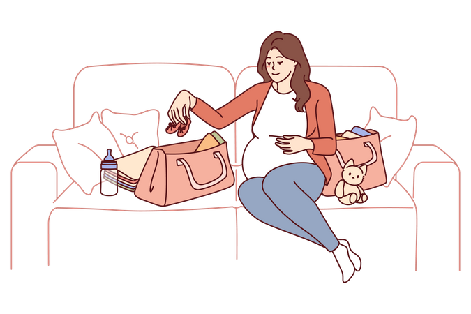 La mujer embarazada está empacando cosas para el feto en una bolsa antes de ir al hospital de maternidad  Ilustración